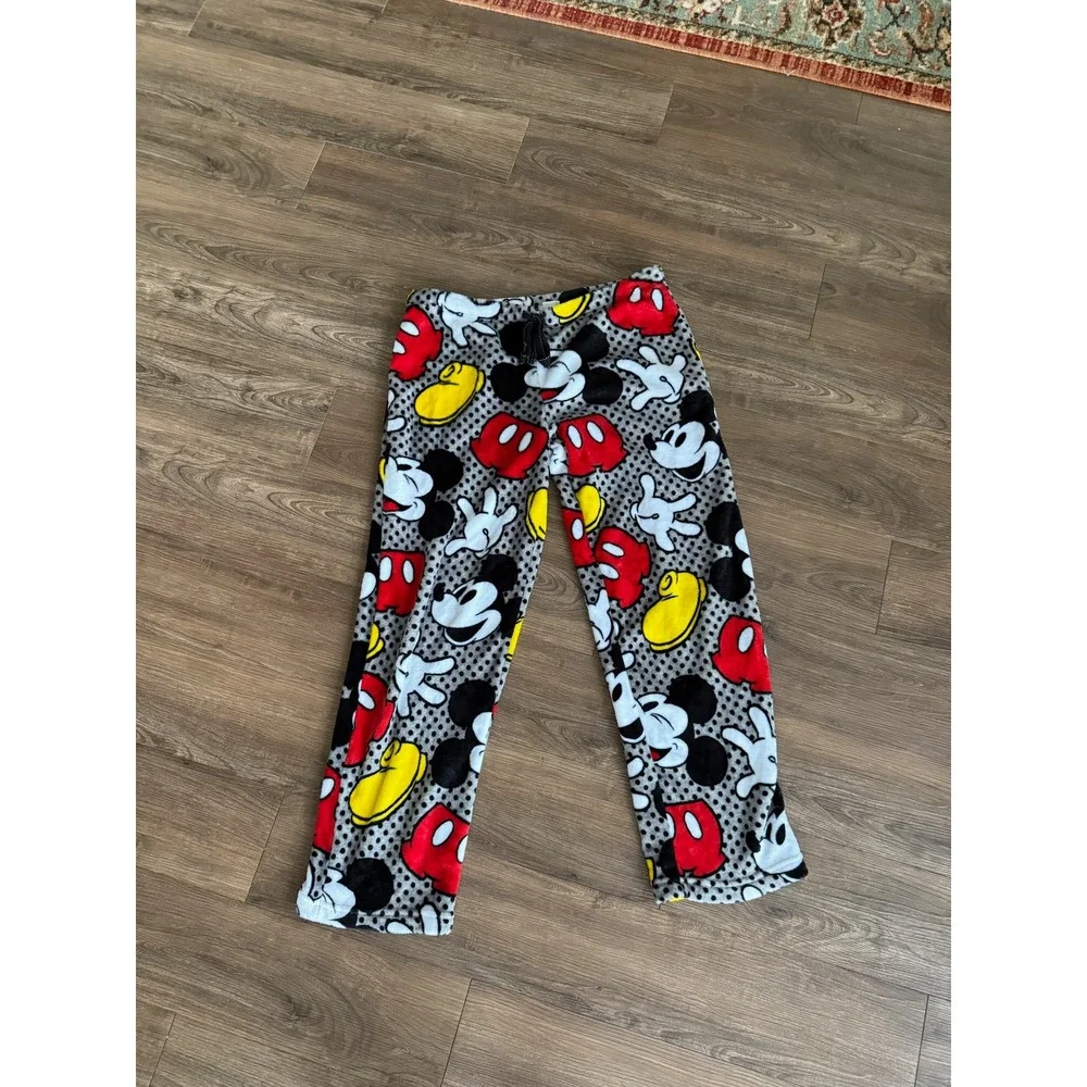 Disney Mickey Mouse Pajama Pants Plush Fleece Grey Polka Dot Kids Large 12-14